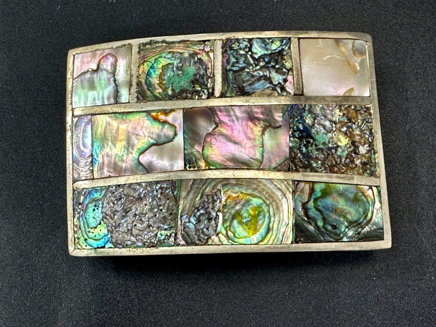 Vintage Abalone Shel Inlaid Silver Tone Large Rectangular Belt Buckle