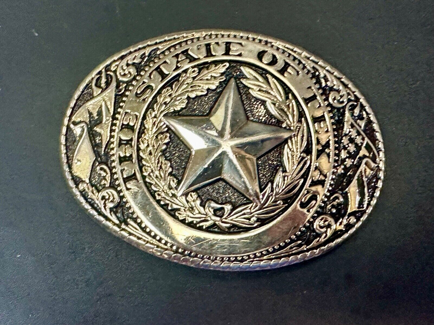 The Great State of Texas Star & Flag gold & black color USA made belt buckle