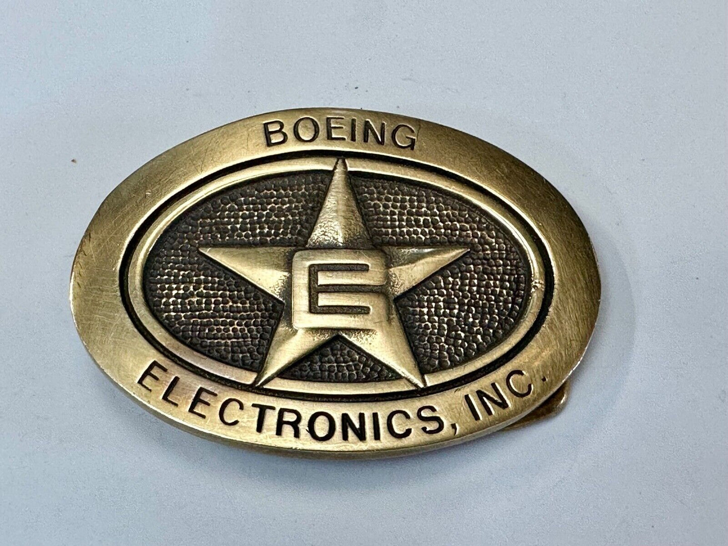 Vintage Boeing Electronics Inc Solid Brass BTS 1978 belt buckle Star Emblem