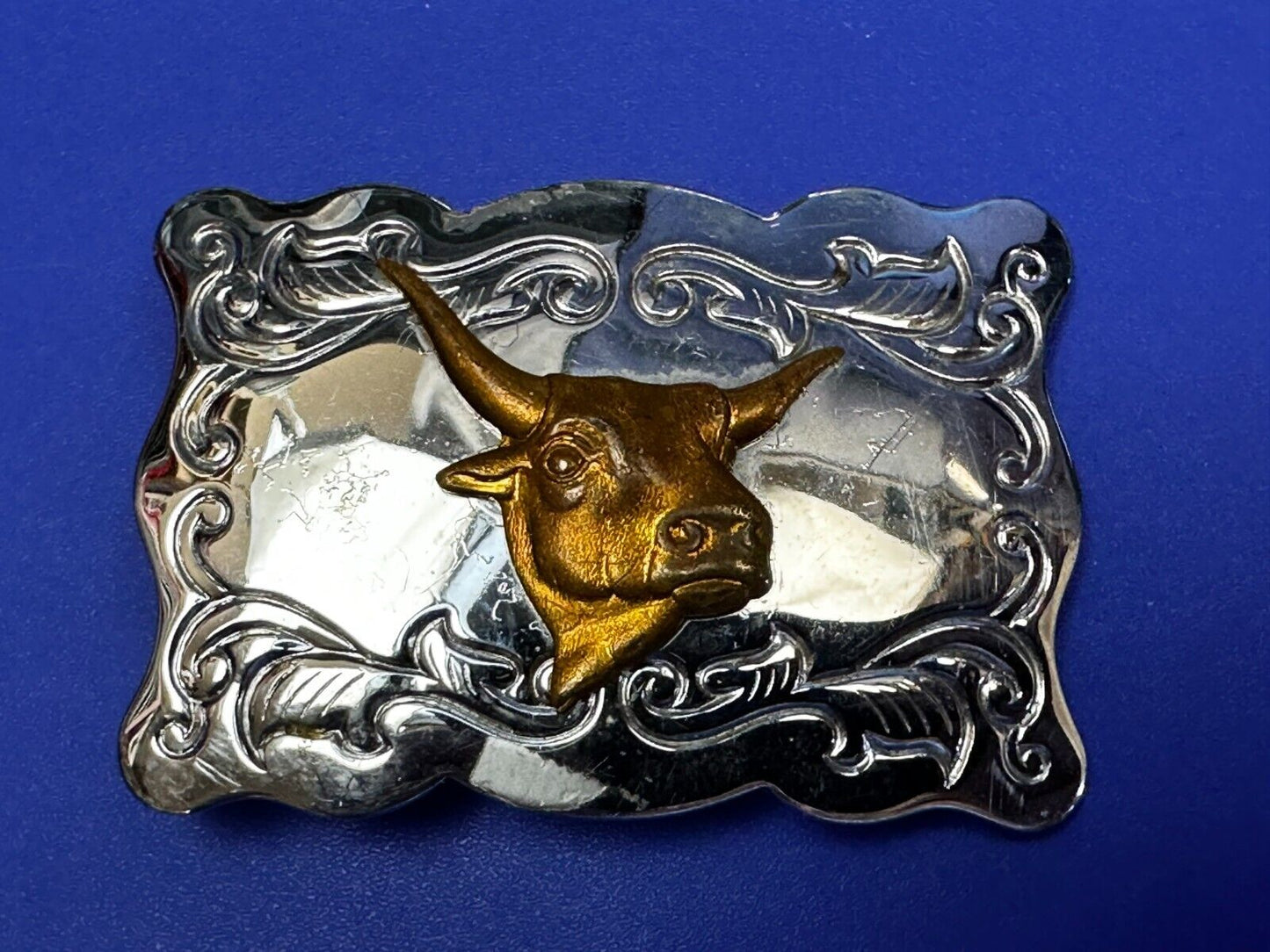 Vintage Cowboys Longhorn W/ Engraved Swirl Pattern Belt Buckle By Chambers