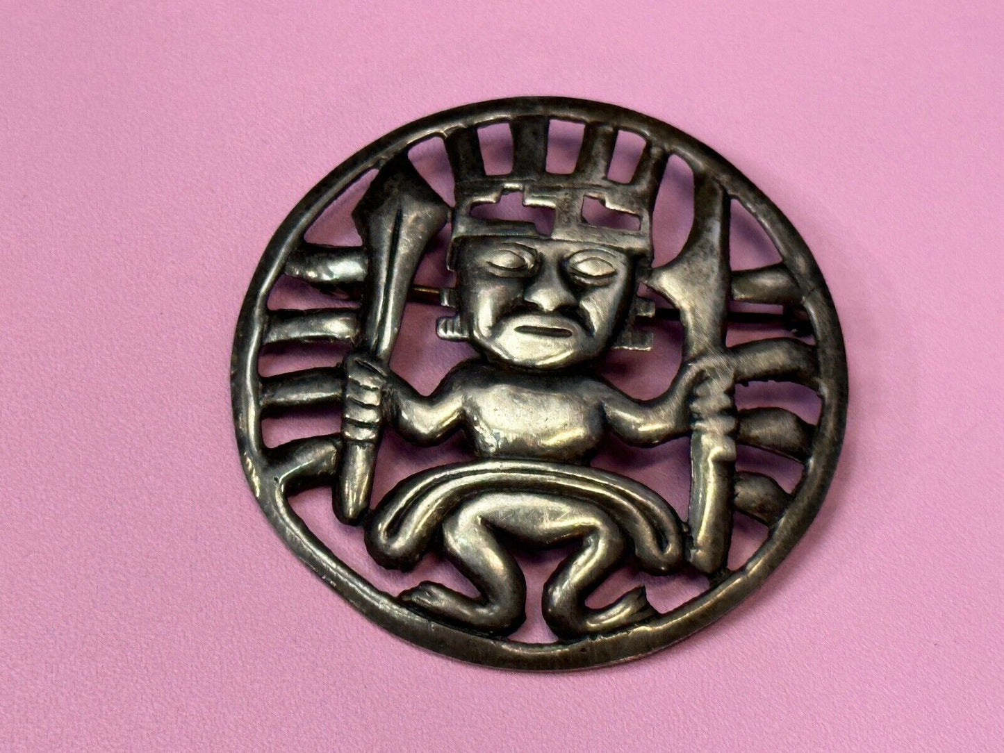 Tribal Chief Man Figure Aztec? unknown to me! Sterling Brooch Pin