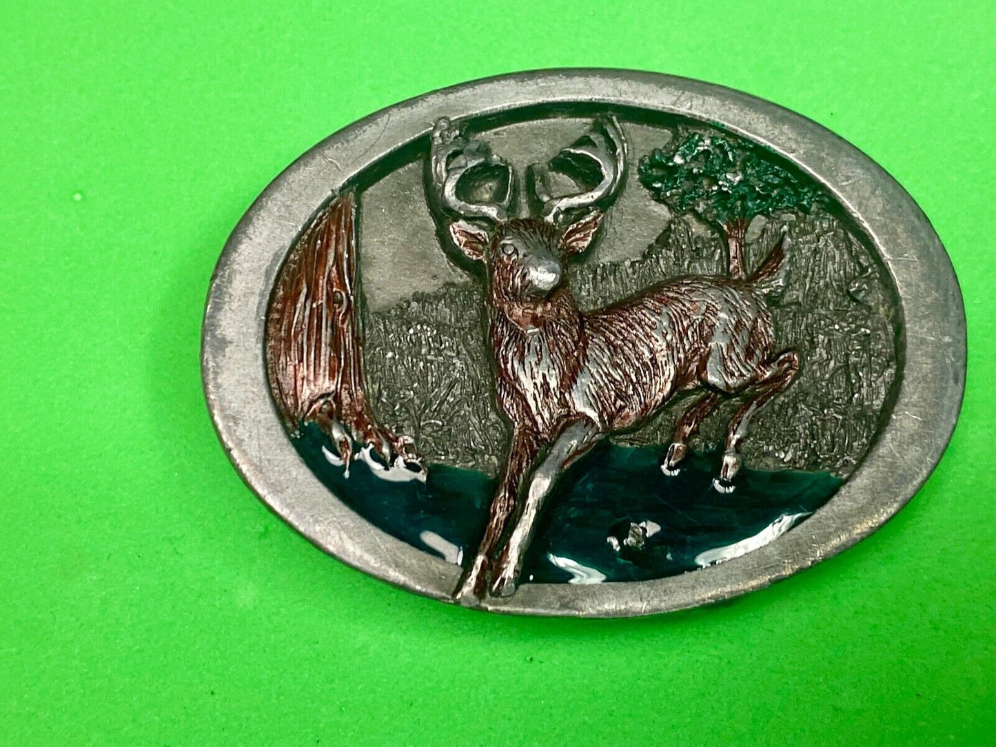 Vintage 1986 Deer In Nature C&J Inc Pewter Hunters Belt Buckle Cj1814
