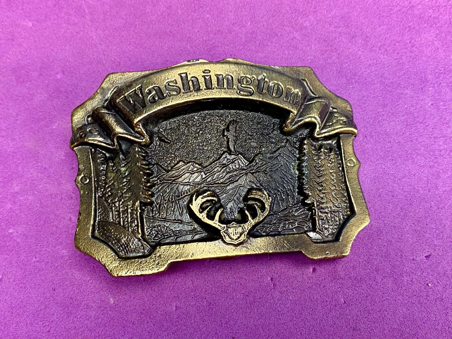 Vintage 1980 The State Of Washington, Deer In Pine Tree Forrest Belt Buckle