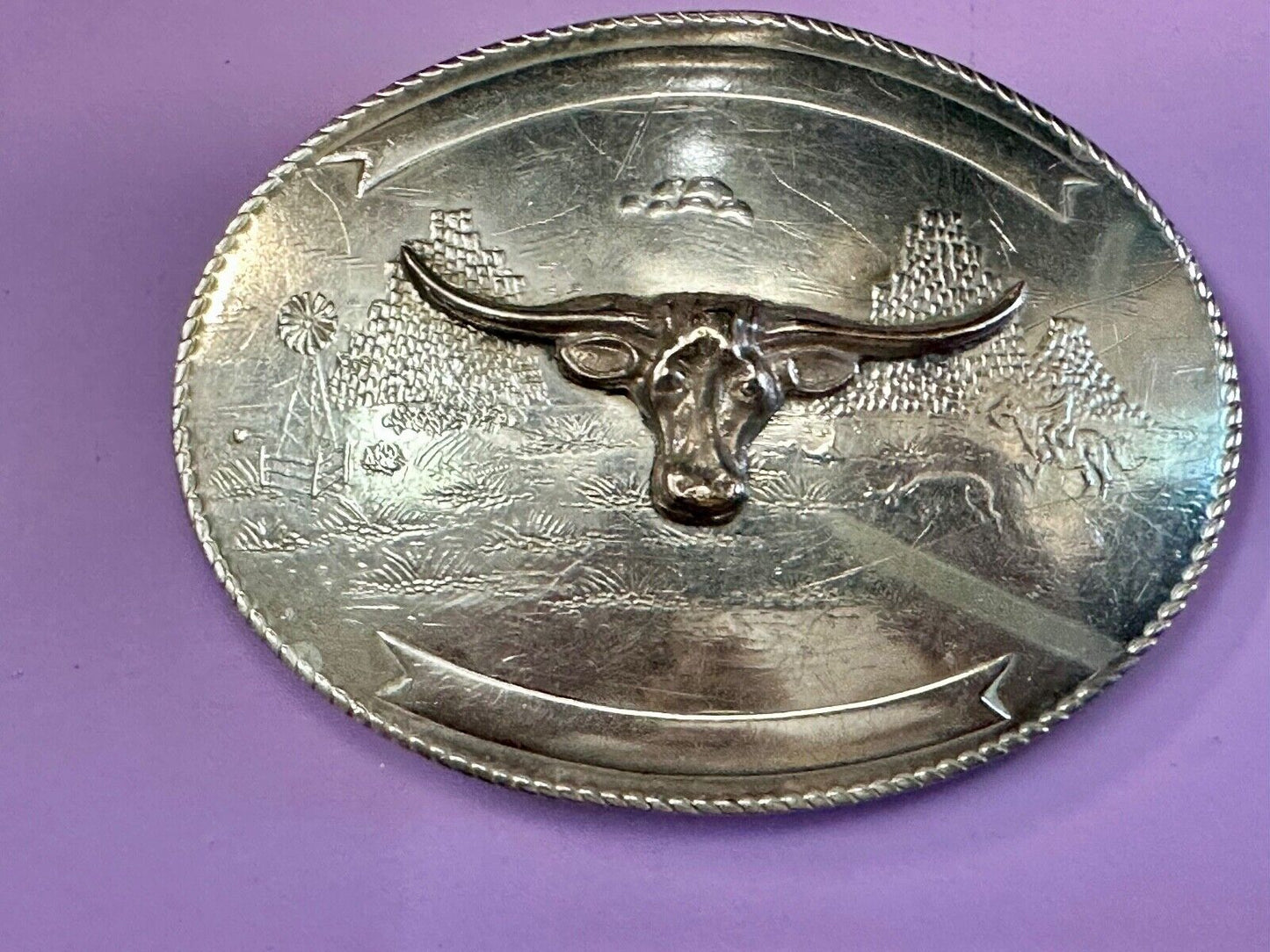 Texas longhorn - Vintage Artisan? two tone engraved award ribbon Belt Buckle
