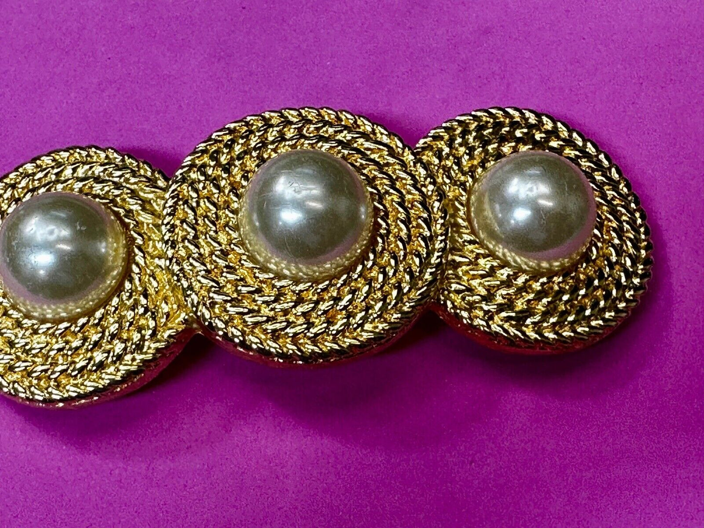 Three Round Faux Pearl's HUGE Statement Large Gold Tone Vintage Belt Buckle