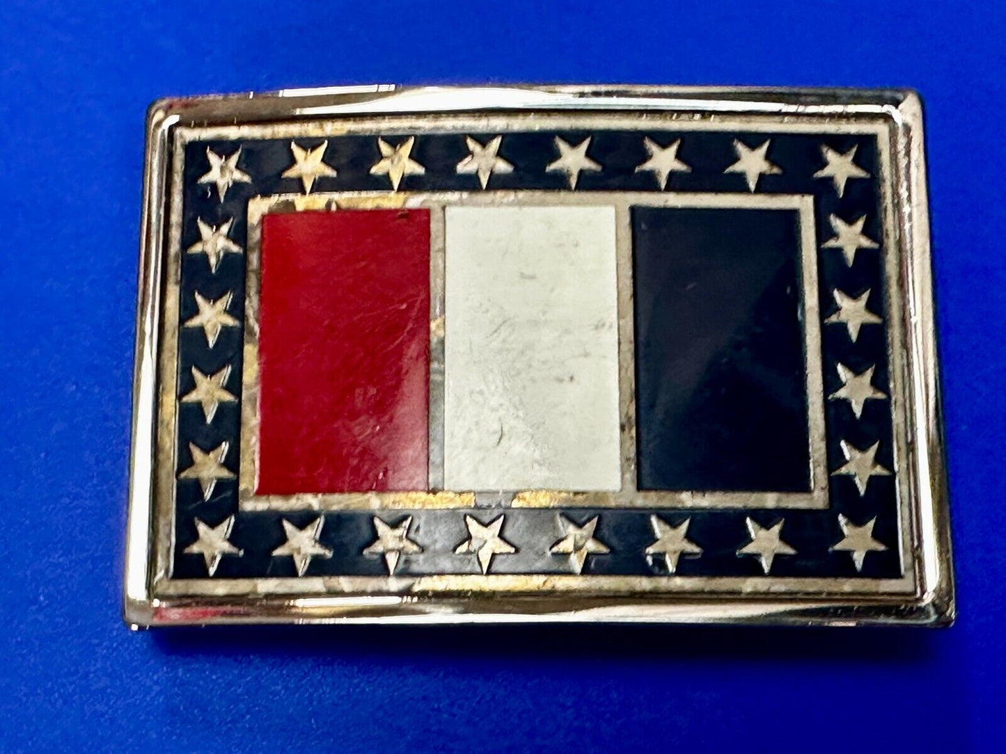 Texas State Flag Colors Stars and Stripes on silver tone Belt Buckle
