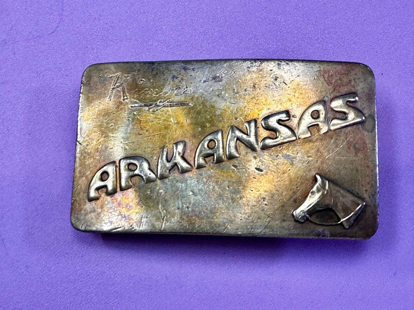 ARKANSAS State Horse Head BrassTone Commemorative Vintage Belt Buckle