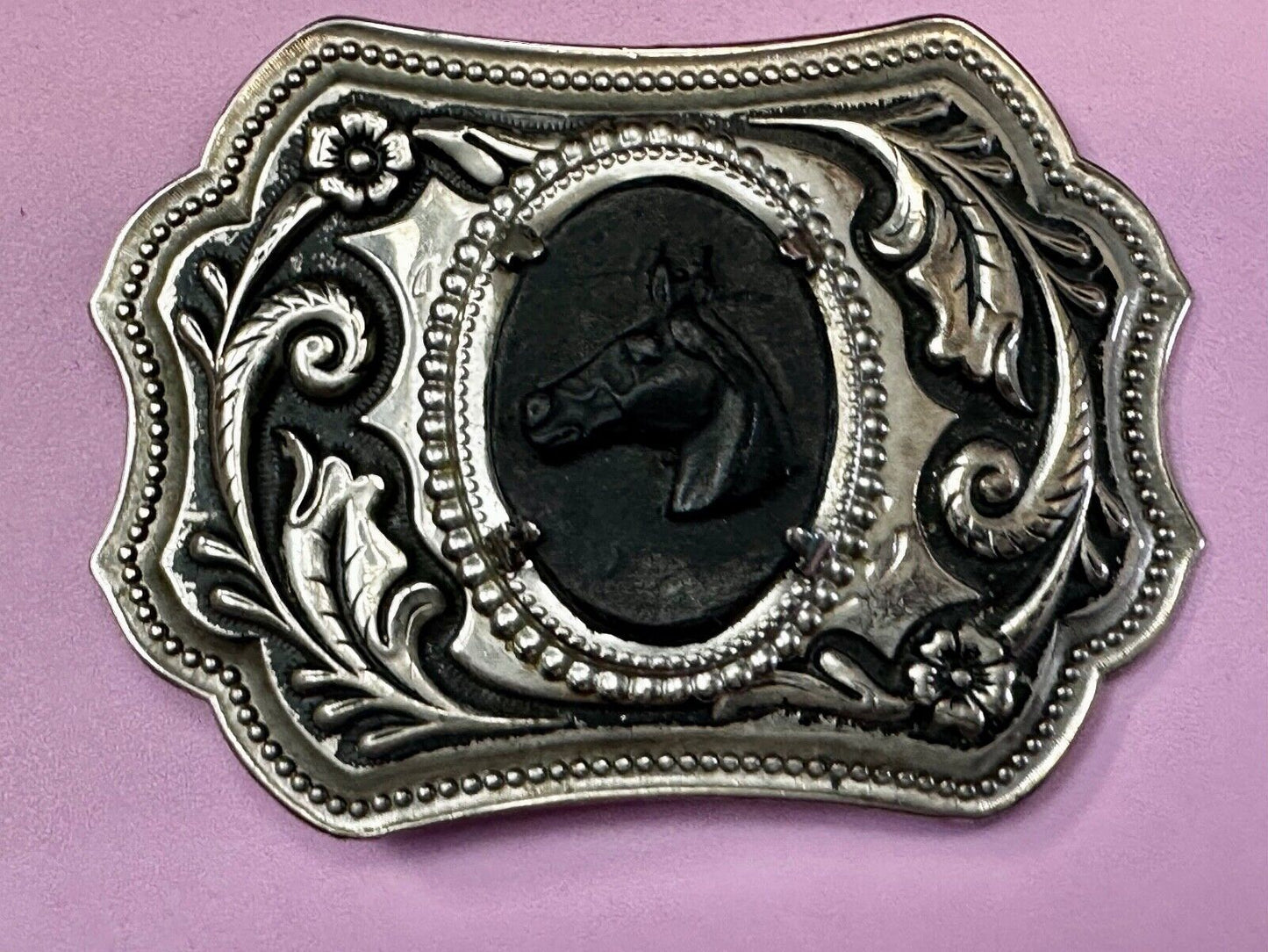 Black Horse Head Cabochon Cab Shaped Centerpiece on Western Belt Buckle