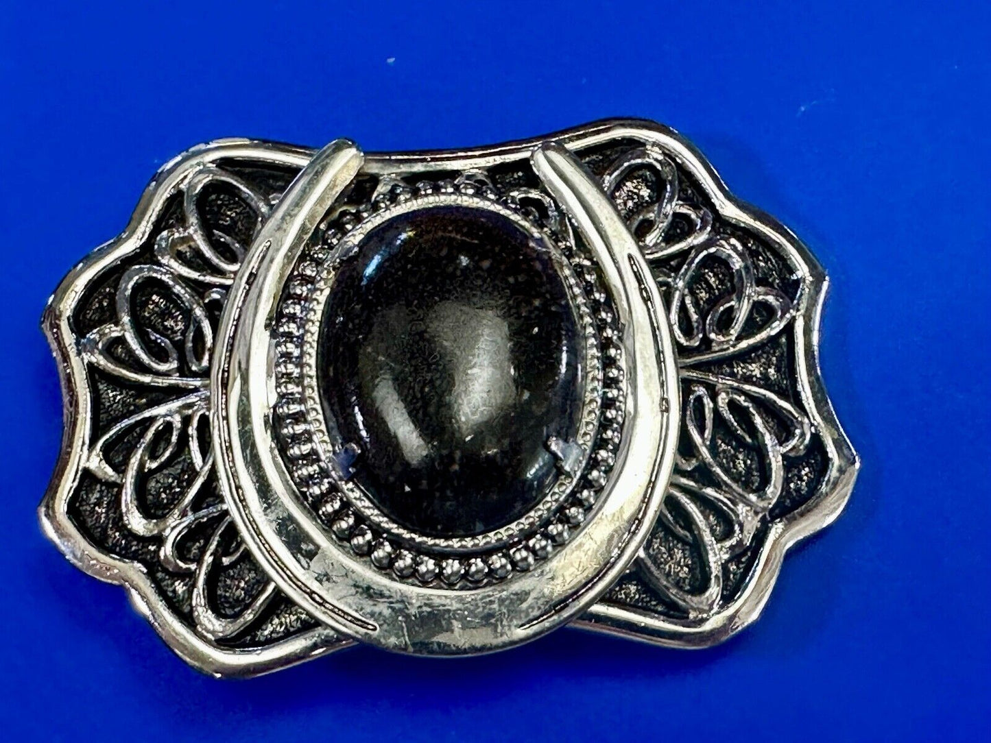 Beautiful Black Detailed cabochon cab stone centerpiece on horseshoe belt buckle