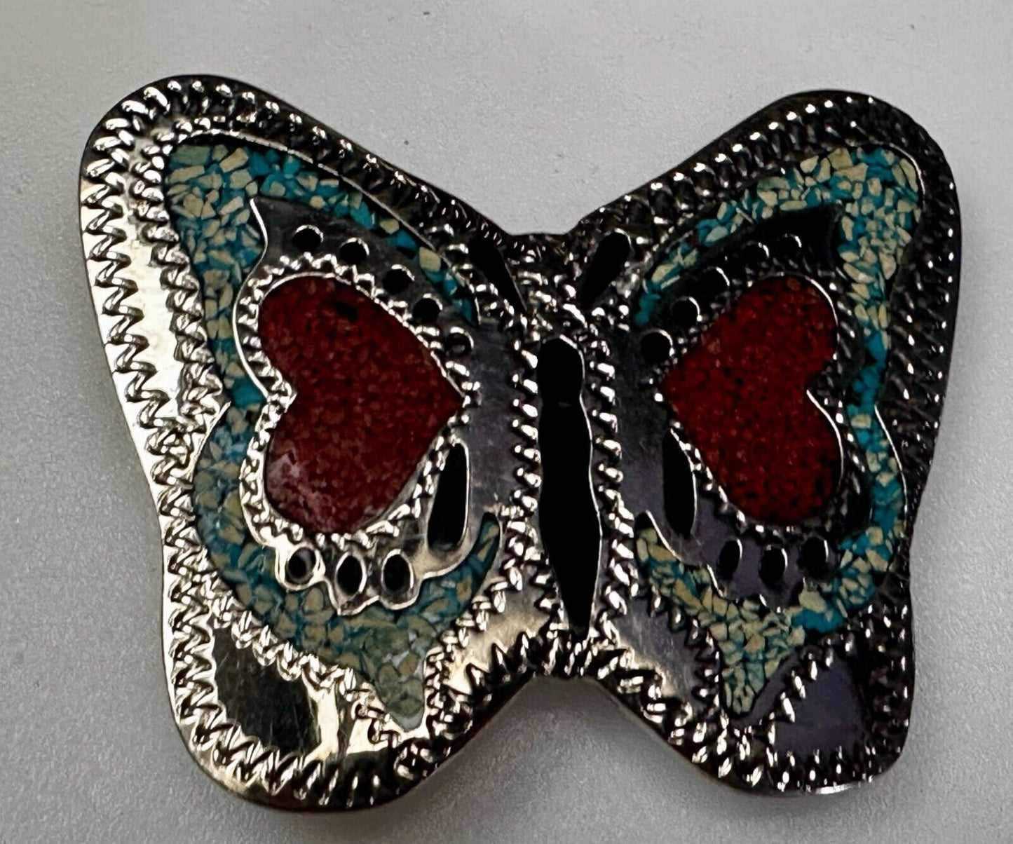 Beautiful Butterfly Figural Turquoise Coral Chips Inlay Cutout 3" Belt Buckle