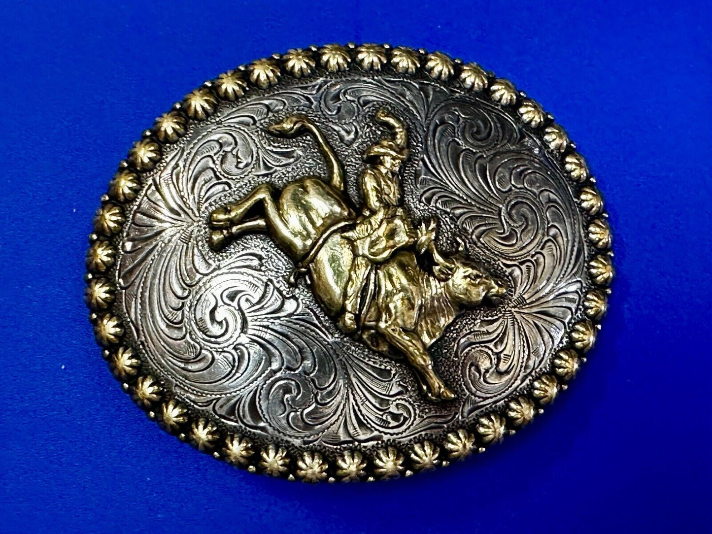 Vintage Cowboy Saddle Bronc western 4" oval belt buckle with star boarder