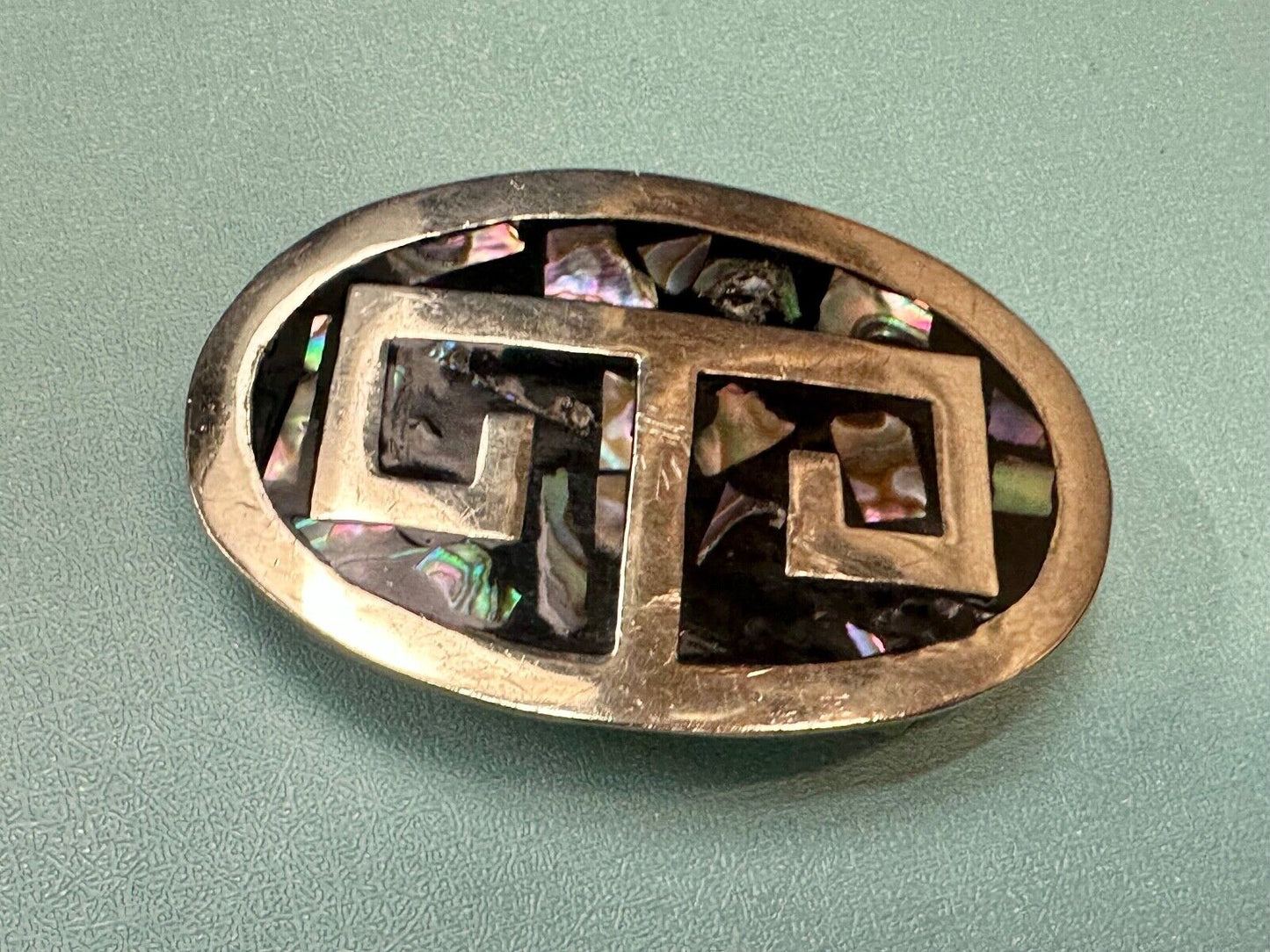 Vintage Alpaca Mexico Silver Tone Abalone Shell Pattern Oval belt buckle