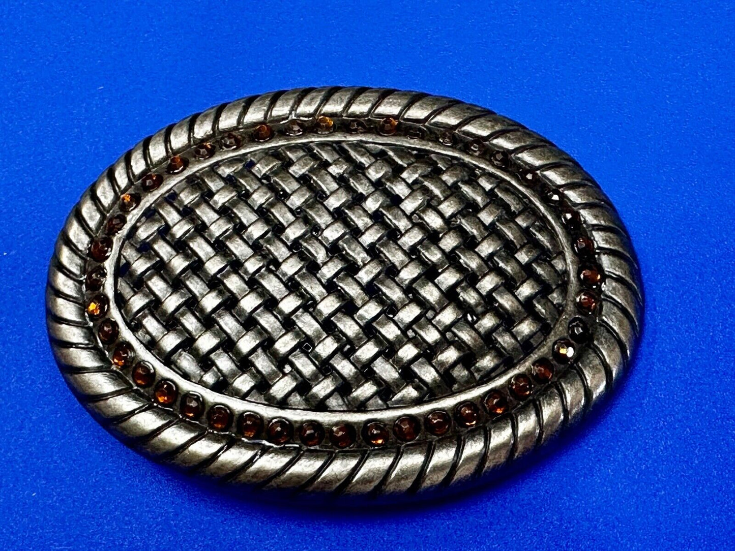 Basket Weave Design Rhinestone Border Vintage Metal Oval Belt Buckle