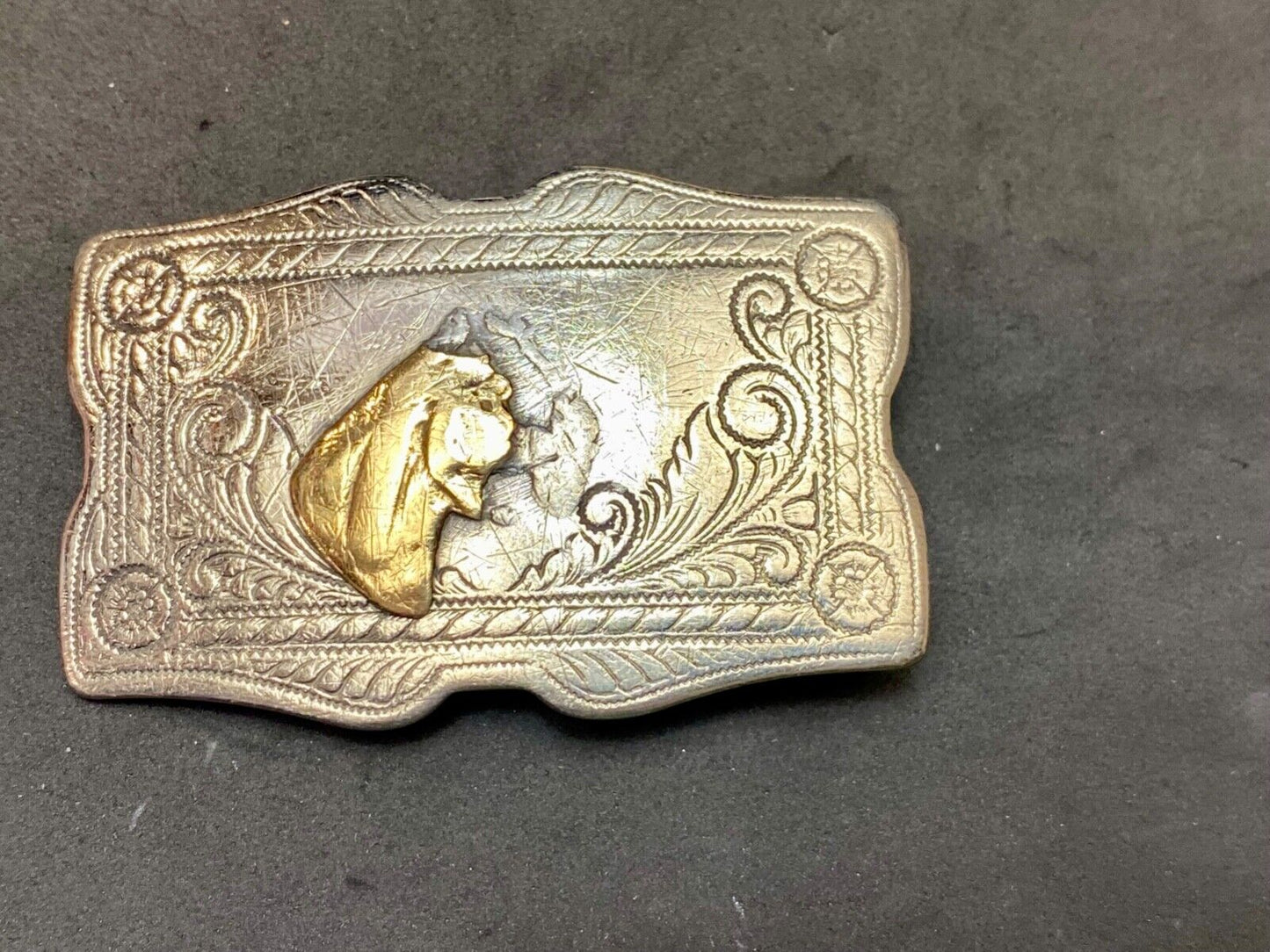 Vintage beat up nickel silver belt buckle missing some of a horse head! REPAIR