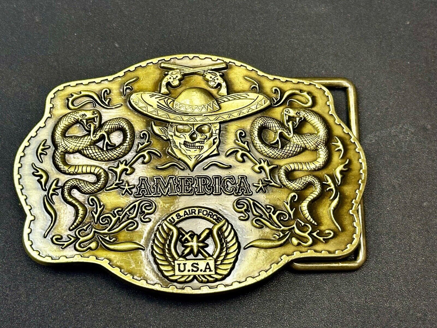 Air Force - America Skull in Cowboy Hat, Crossed Guns, Snakes, Eagle Belt Buckle