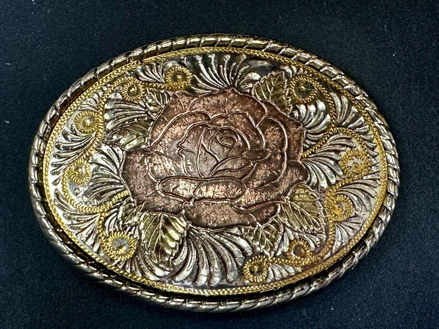 Beautiful Rose Flower Swirl Etched Design Mixed Metal Belt Buckle by W
