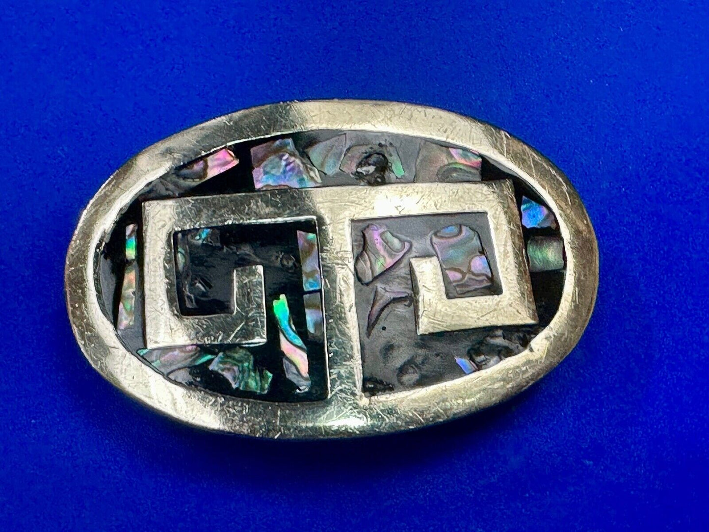 Vintage Alpaca Mexico Silver Tone Abalone Shell Pattern Oval belt buckle