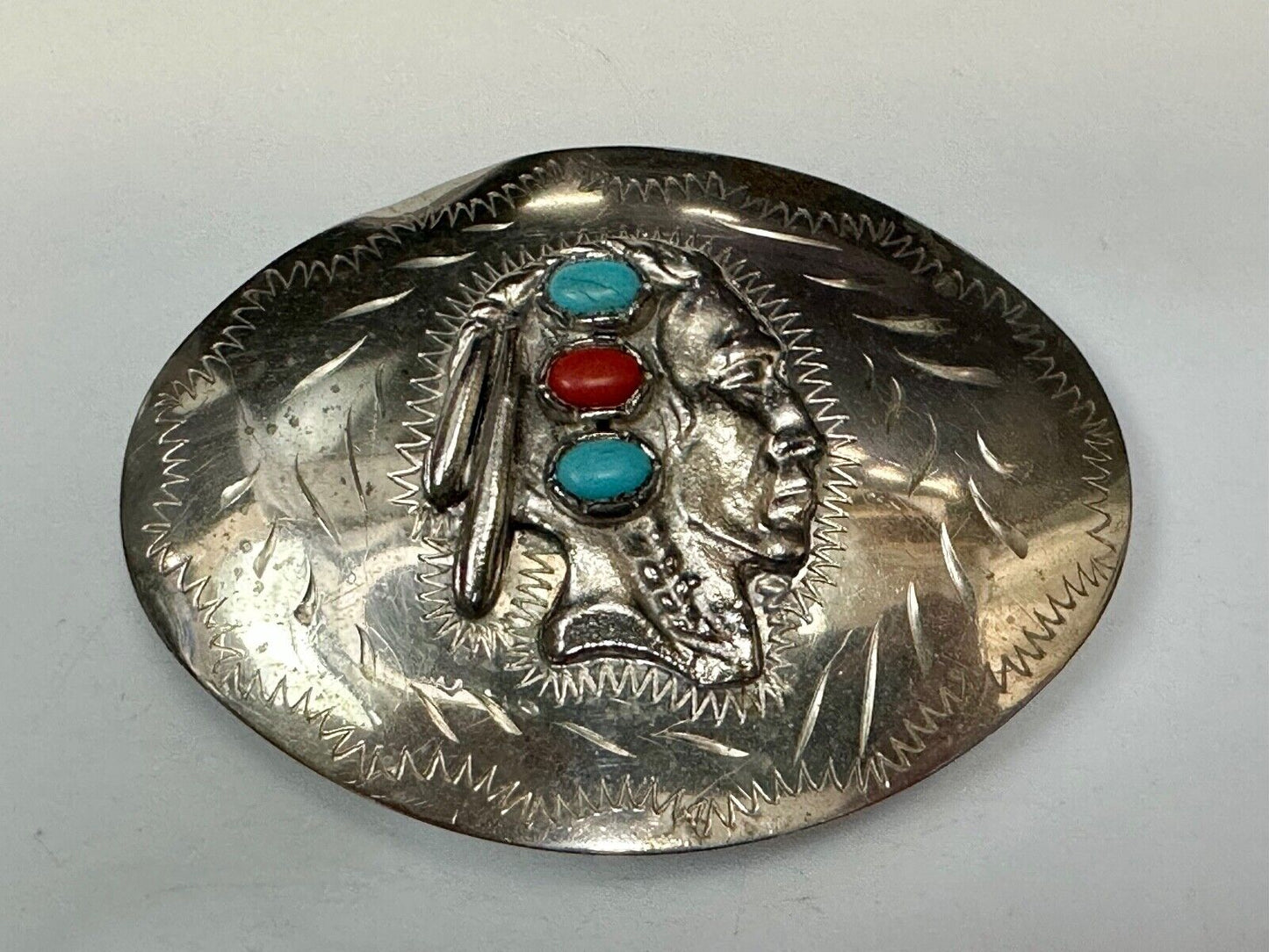 Artisan Native American Indian Bust Belt Buckle Faux Turquoise & coral accents