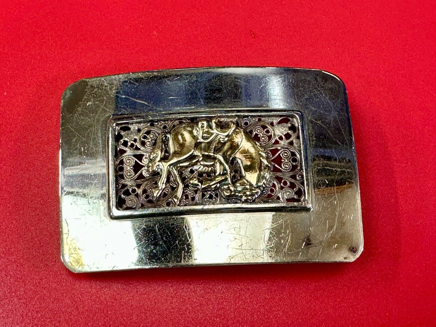 Unique Rodeo Cowboy Horse Saddle Bronc Nickel Silver Mesh Background belt Buckle