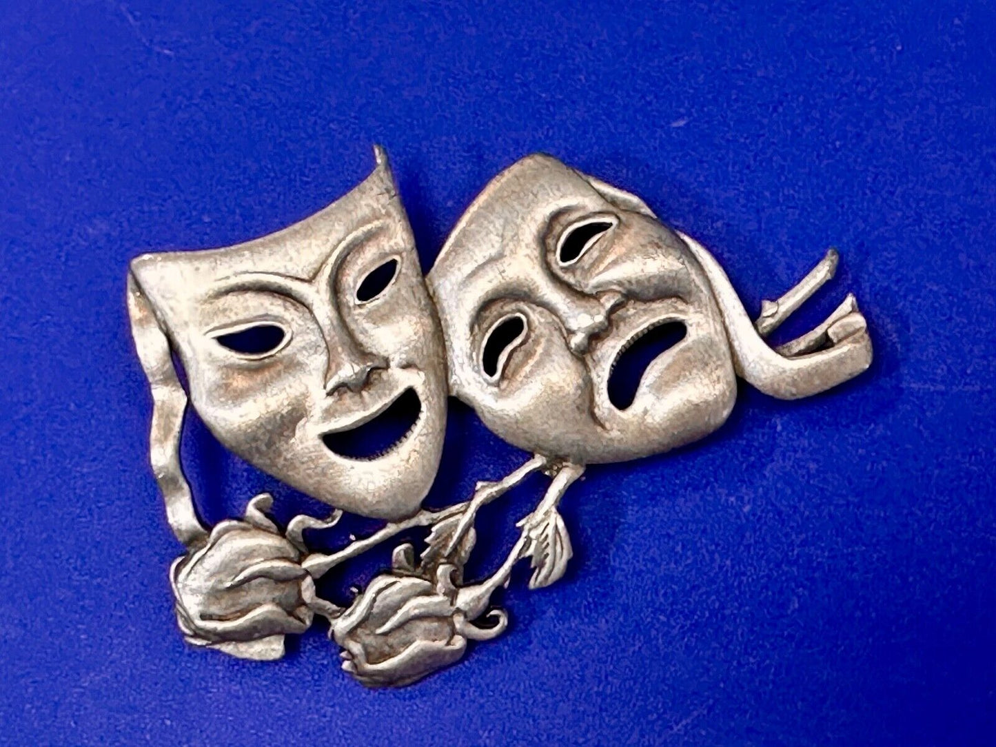 Theater Faces and Roses - Large JJ Signed silver tone vintage brooch pin