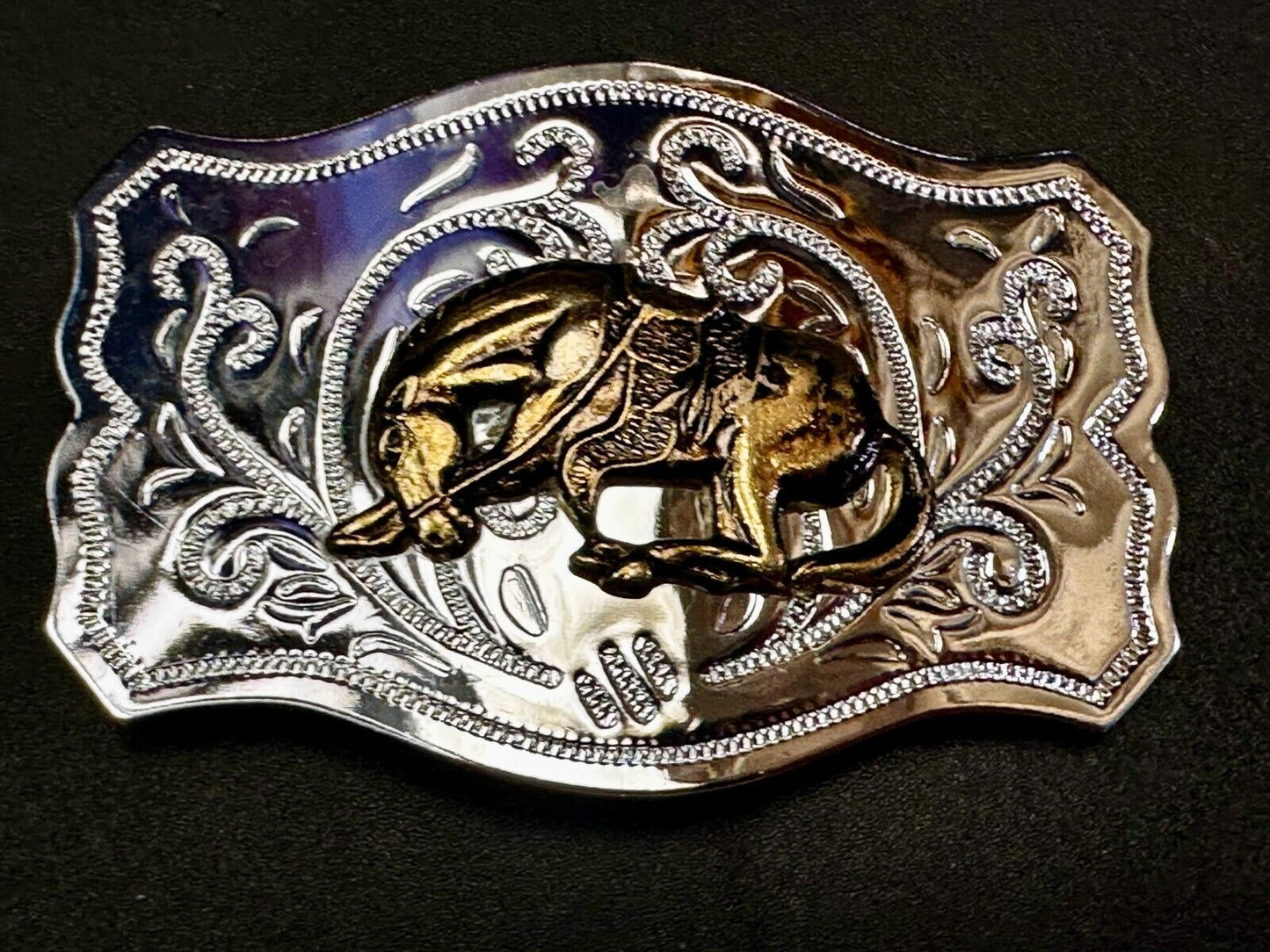 Vintage Cowboy Saddle Bronc Bucking Horse Two tone Belt Buckle