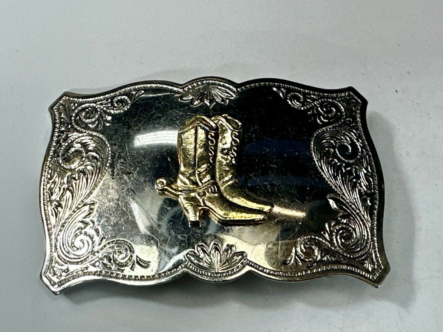 Vintage Cowboy Boots Engraved Swirl Border Two Tone Western Style Belt Buckle