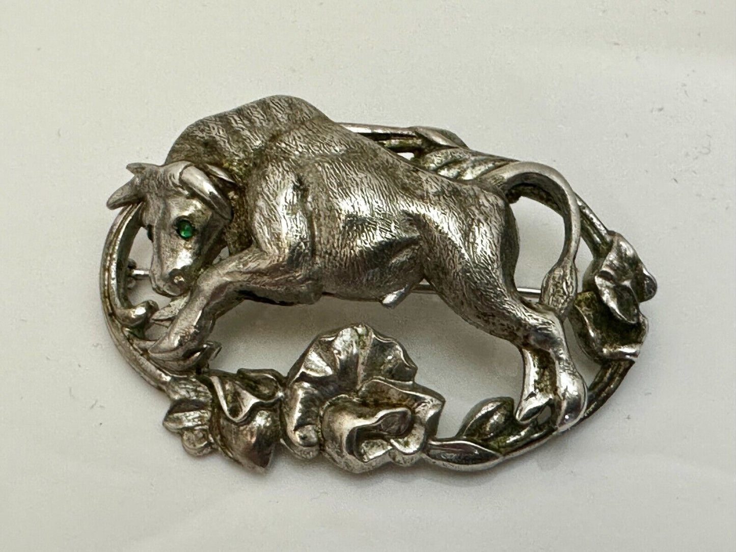 Taurus Bull 2" Wide Green Eyes -9 25 Sterling Silver Vintage Brooch by Otis