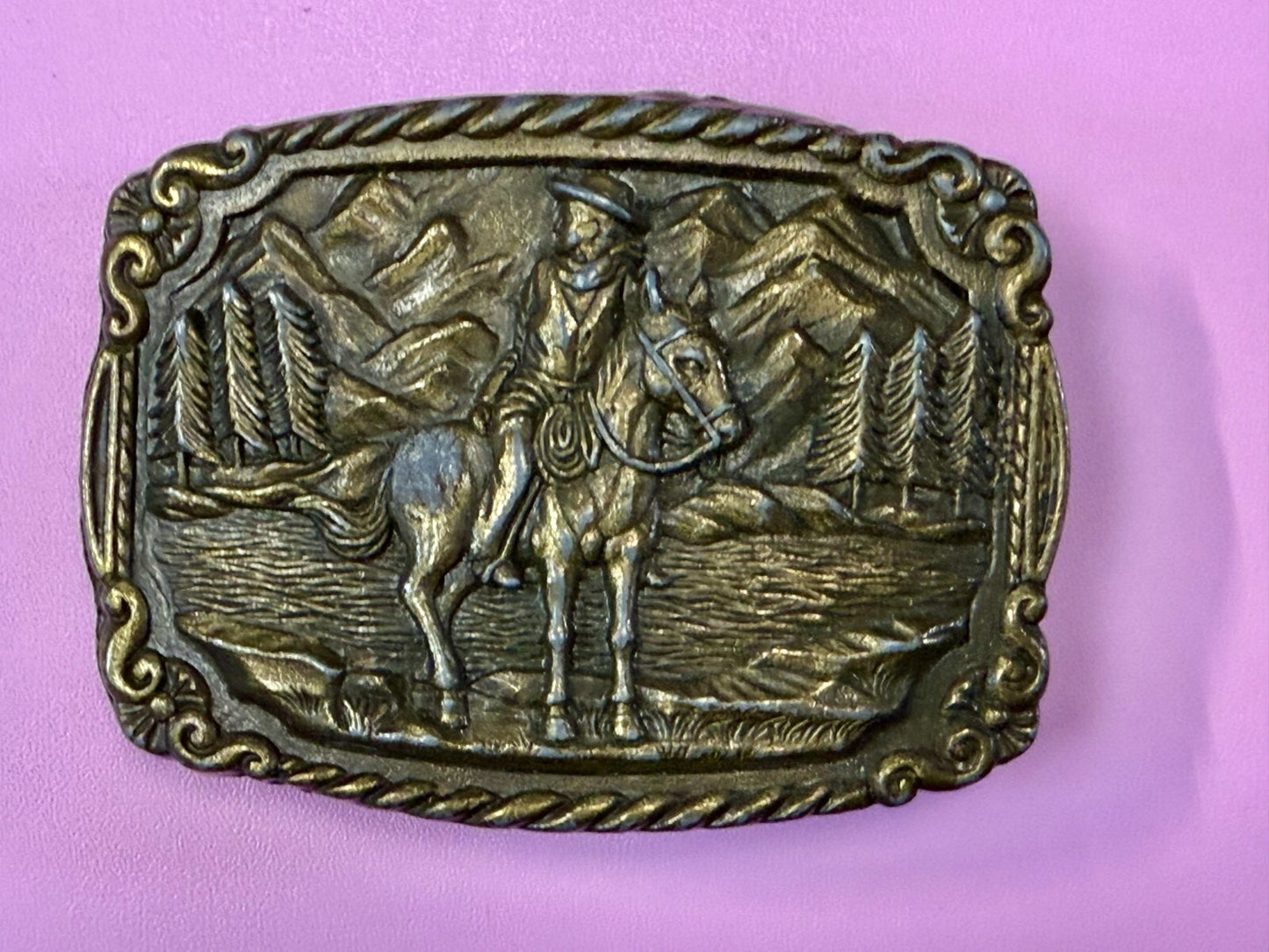 Tall in the Saddle Cowboy Horse River Mountain Scenery Western Belt Buckle