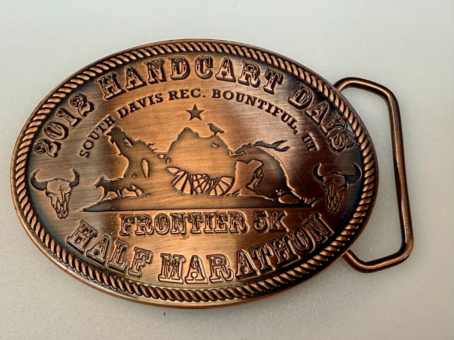 2012 Handcart Days Frontier 5K Half Marathon South Davis Utah Belt Buckle
