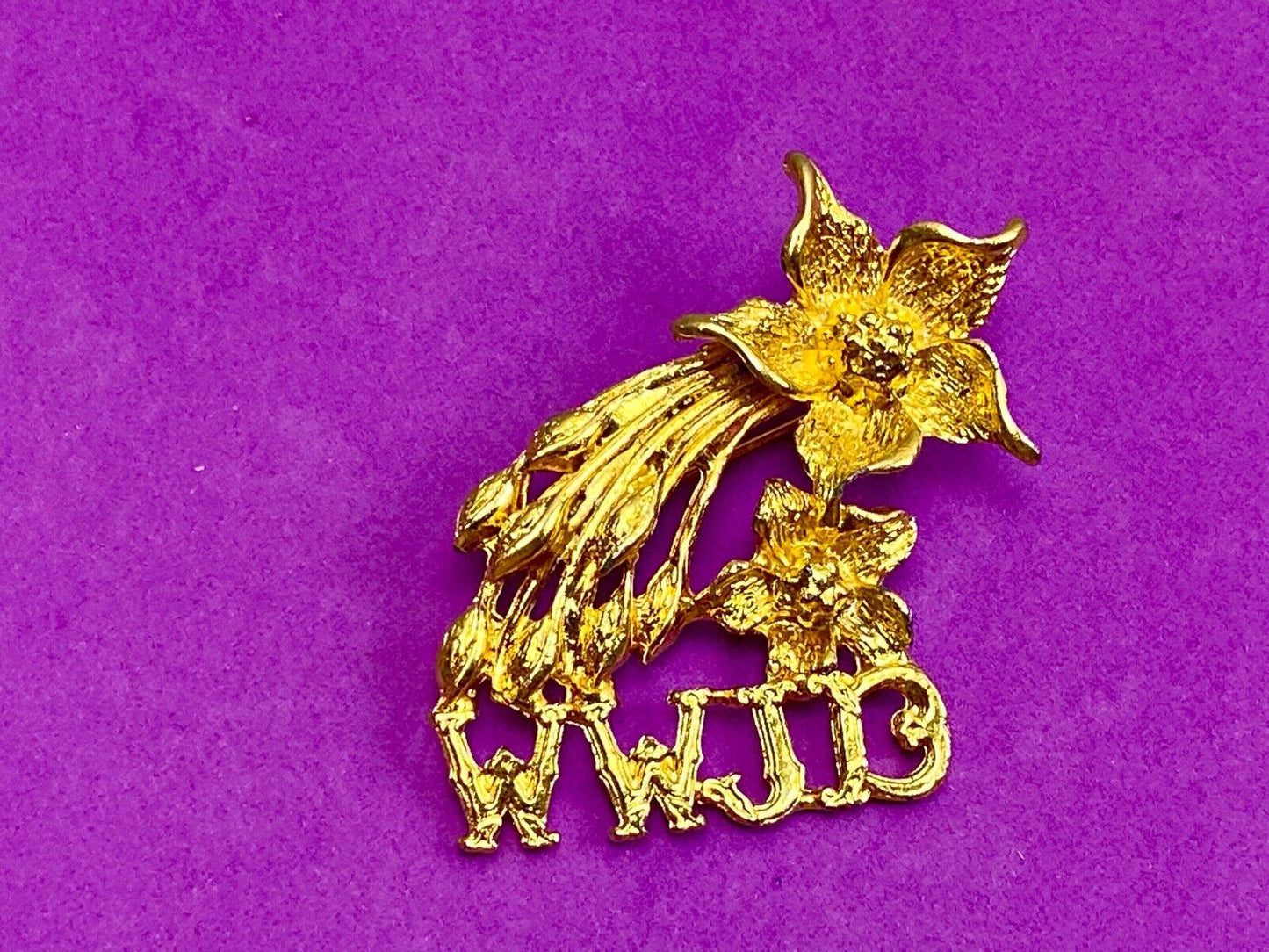 Vintage Brooch Pin WWJD What Would Jesus Do Flowers Gold Tone