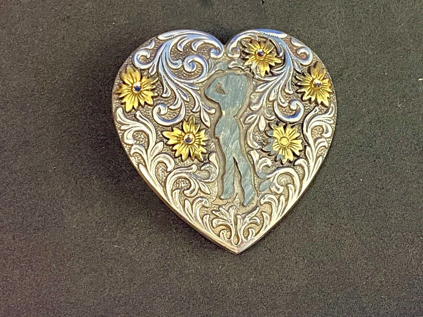 2007 Ivan belt buckle - Western HEART figure of cowgirl? w/ gold color accents