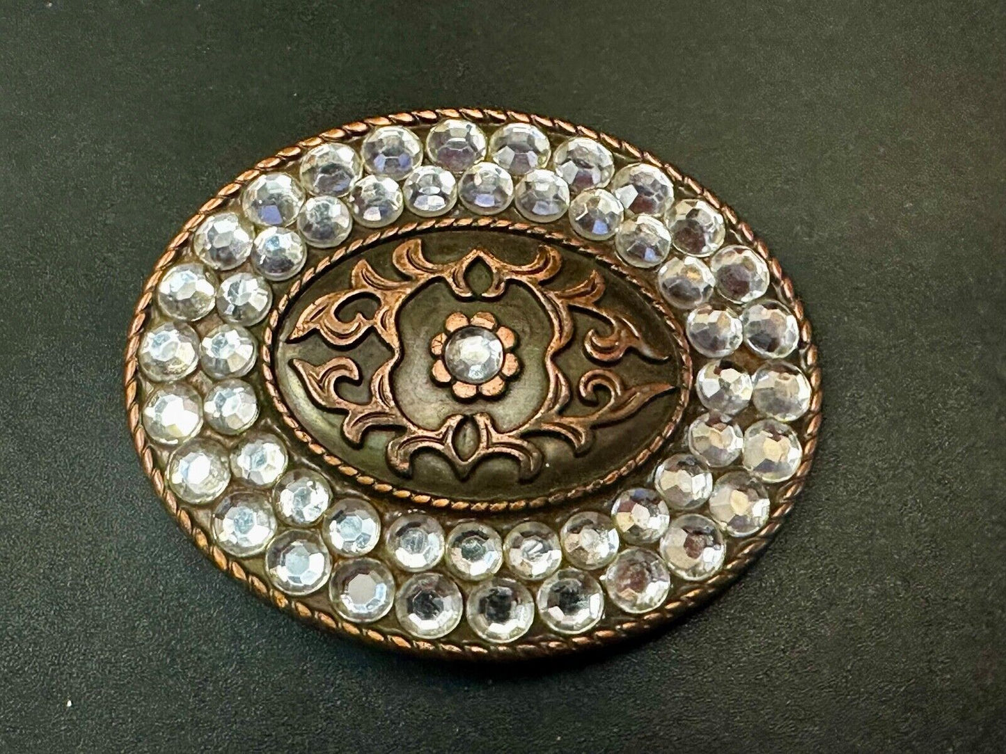 Vintage brown oval floral theme Belt Buckle with Rhinestone surround