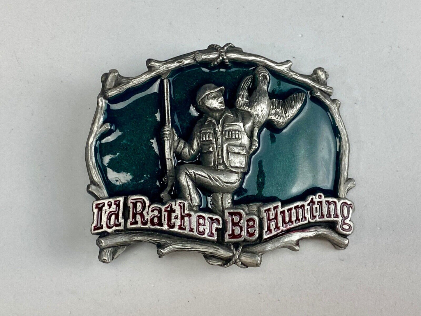 Vintage 1994 Great American USA Belt Buckle ~~ I'd Rather Be Hunting Quail gun