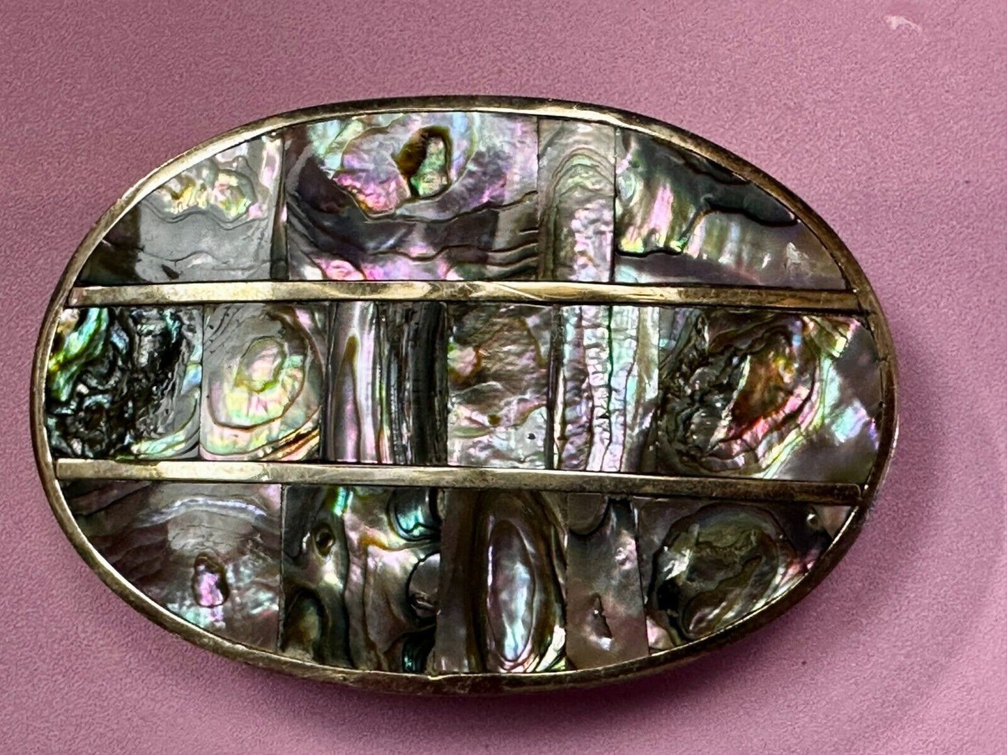 Artisan Natural Abalone Shell Vintage Belt Buckle Stamped Alpaca Mexico