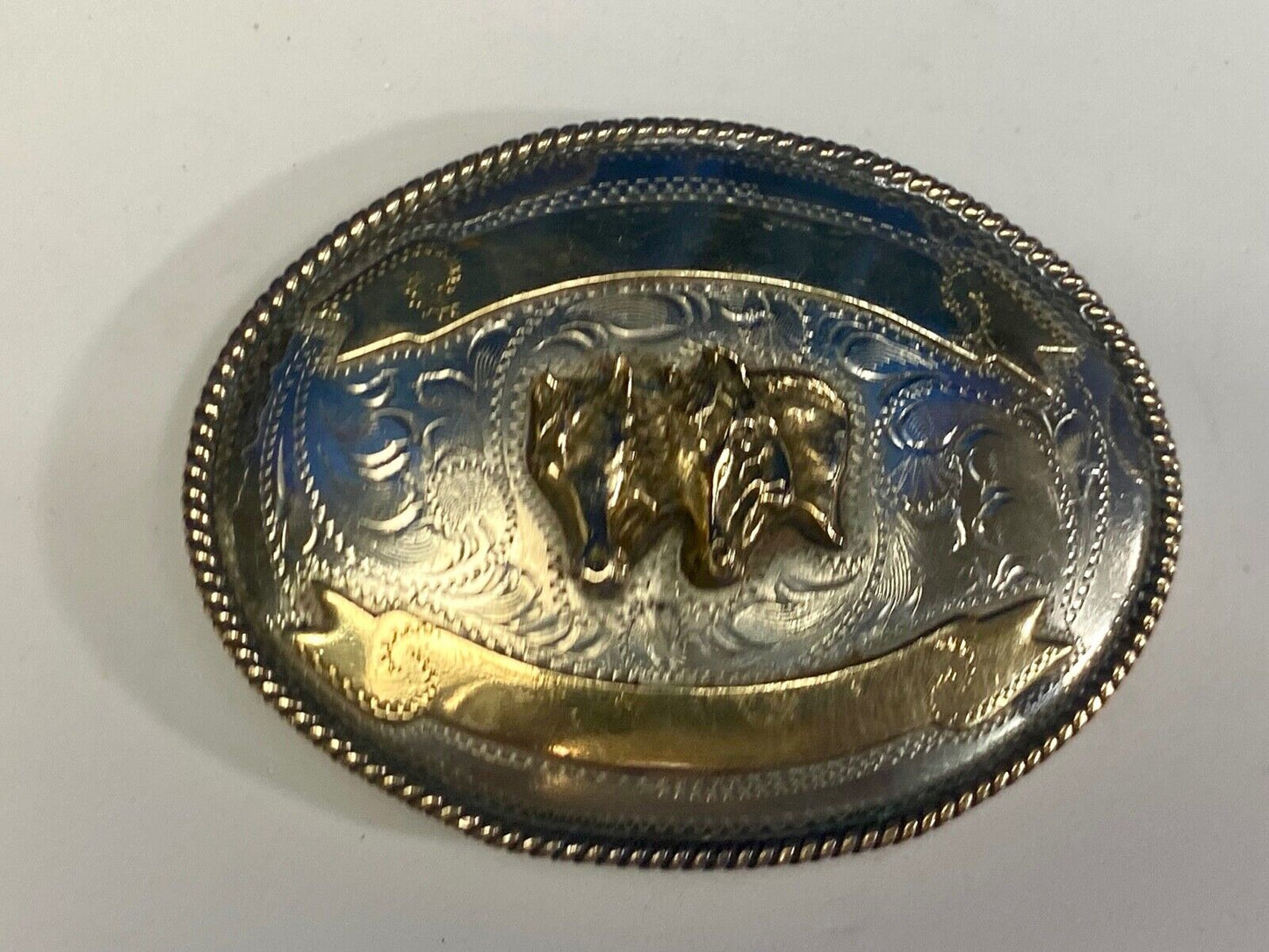 Vintage 4" Three Horse Head's On Alpaca Mexico Belt Buckle Blank Trophy Scroll