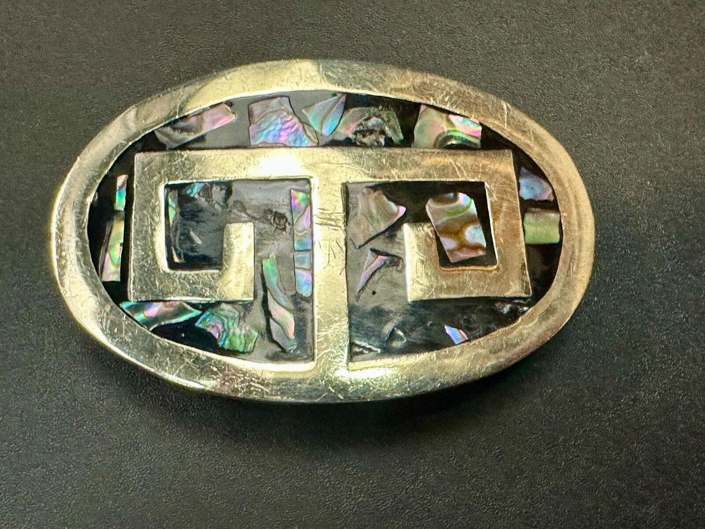 Vintage Alpaca Mexico Silver Tone Abalone Shell Pattern Oval belt buckle