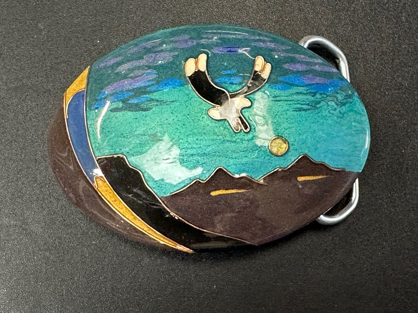 Beautiful flying eagle painting art raised oval belt buckle artist signed LITT