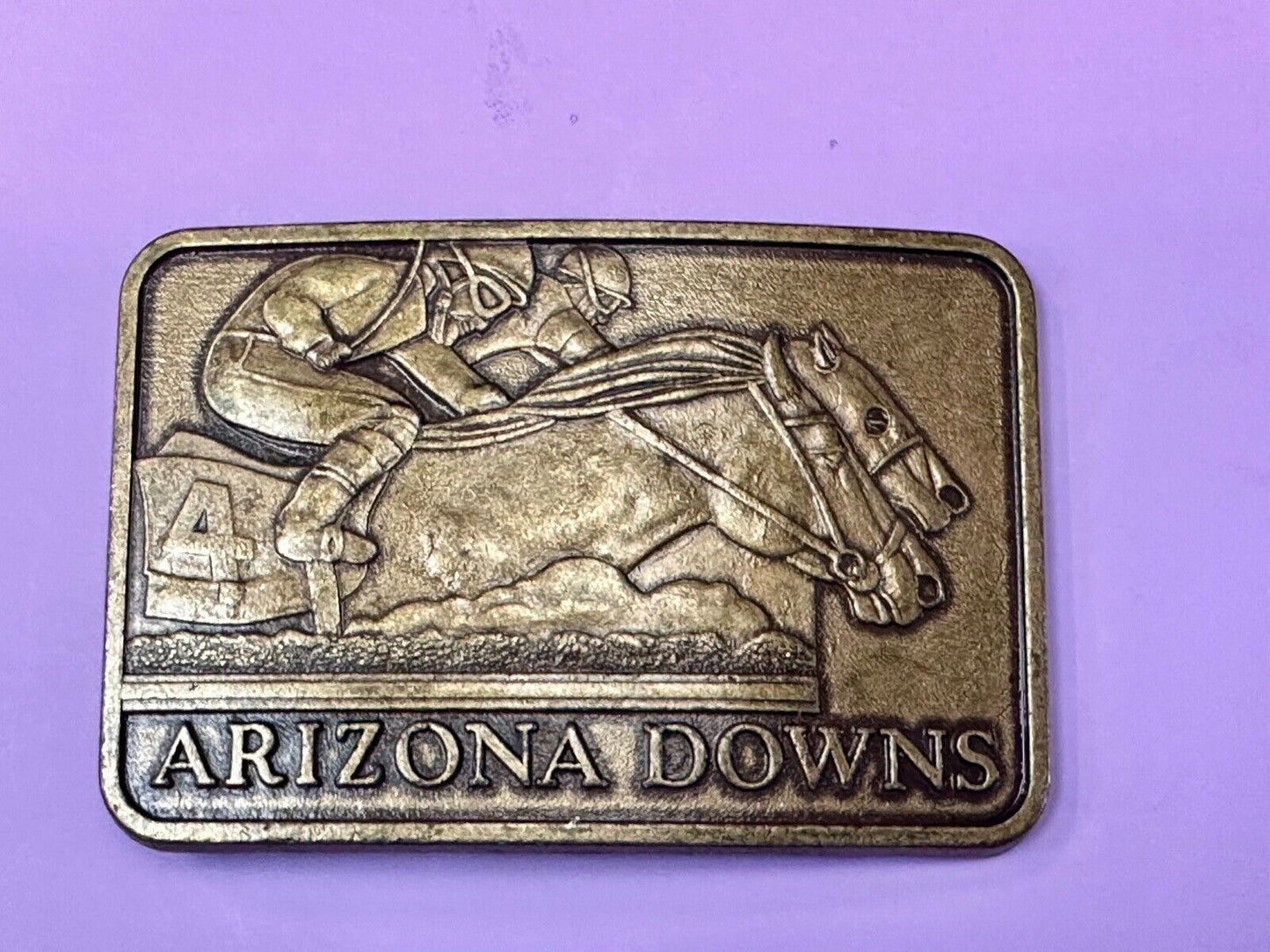 Vintage Arizona Downs Jockeys on Horses Racetrack vtg. Brass Tone Belt Buckle