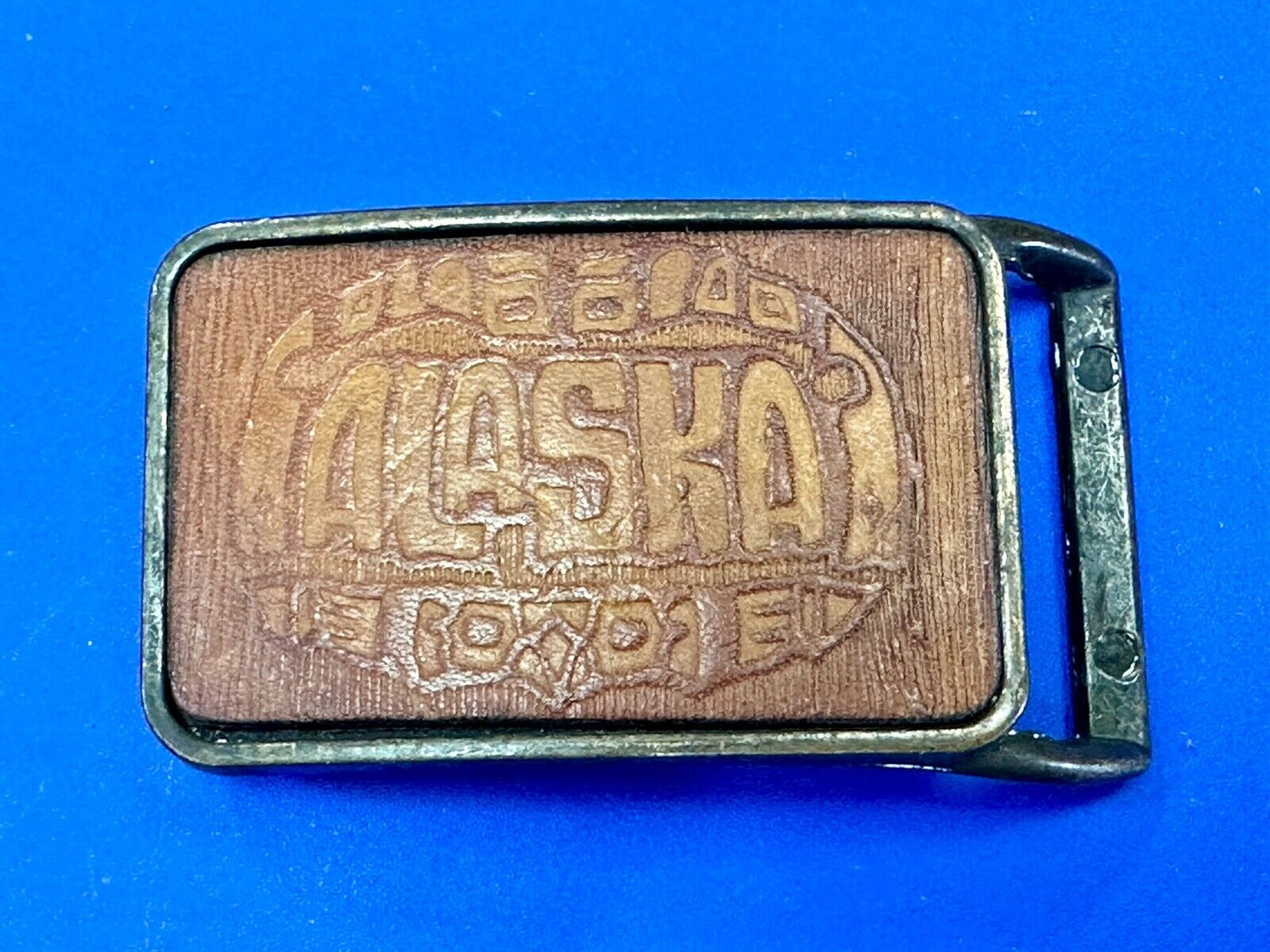 vintage Alaska Rodeo Faux? leather and brass western cowboy belt buckle
