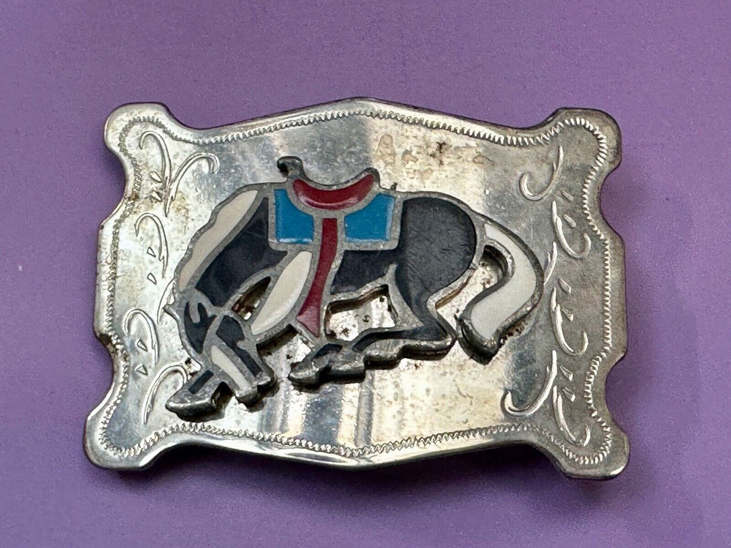 Vintage Cowboy's Horse Saddle Bronc western Inlaid enamel belt buckle