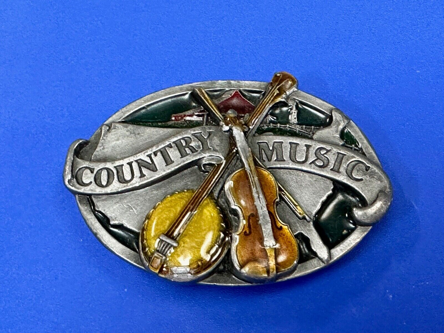 Vintage Enameled Country Music Guitar Fiddle - Bergamot Brass works Belt Buckle