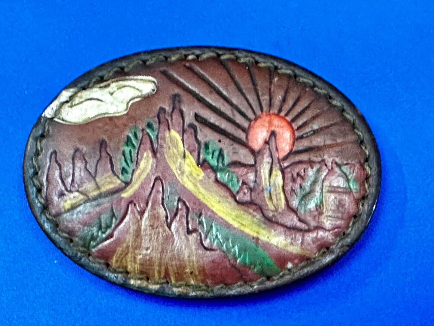 Beautiful Nature Scenery on Vintage Brown Leather Oval Belt Buckle