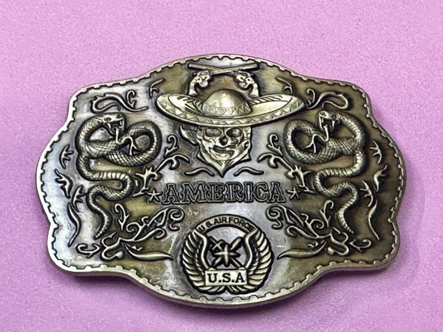 Air Force - America Skull in Cowboy Hat, Crossed Guns, Snakes, Eagle Belt Buckle