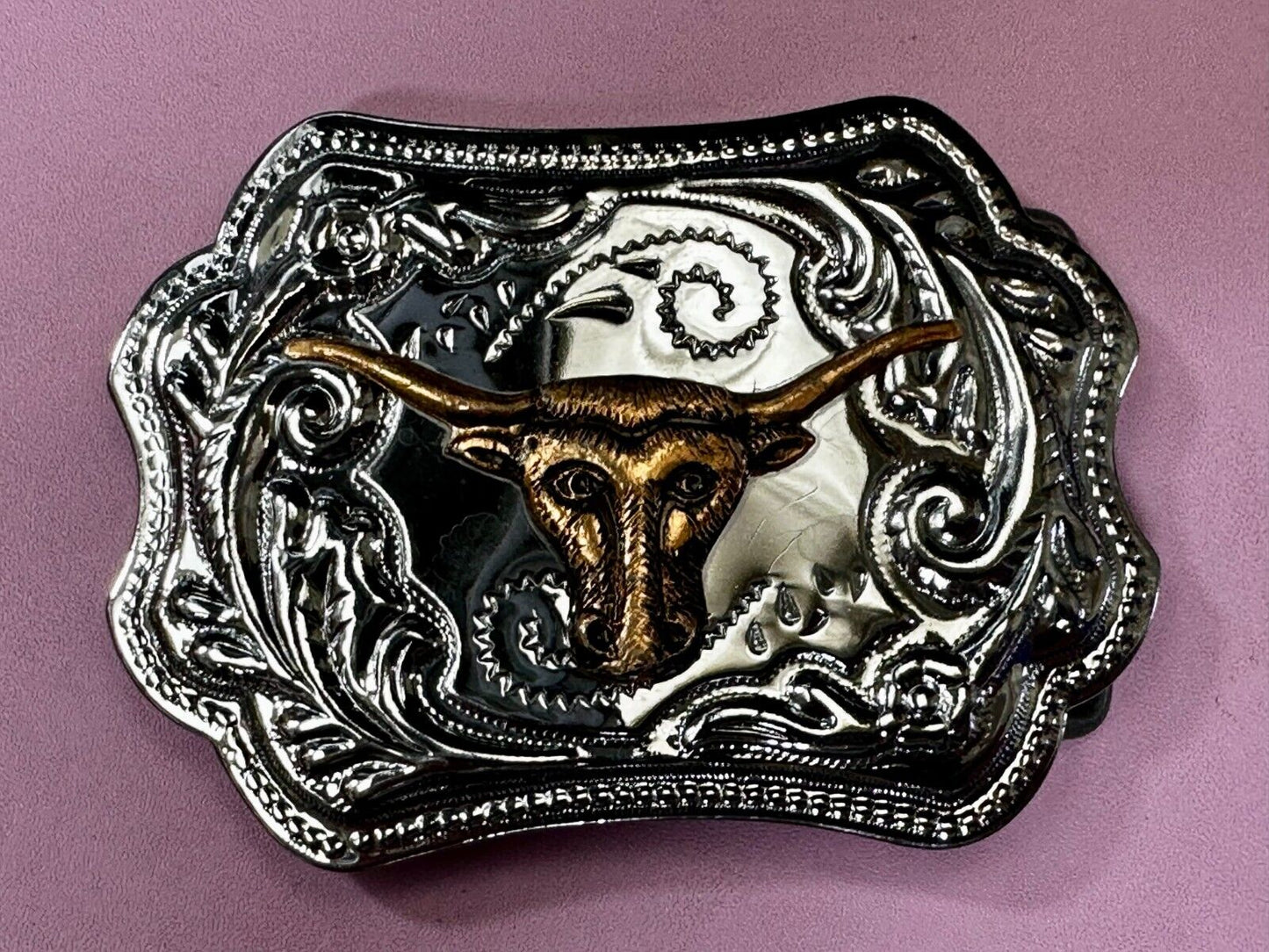 Texas Longhorn Rodeo Steer Bull Vintage Two Tone Western Cowboy's Belt Buckle