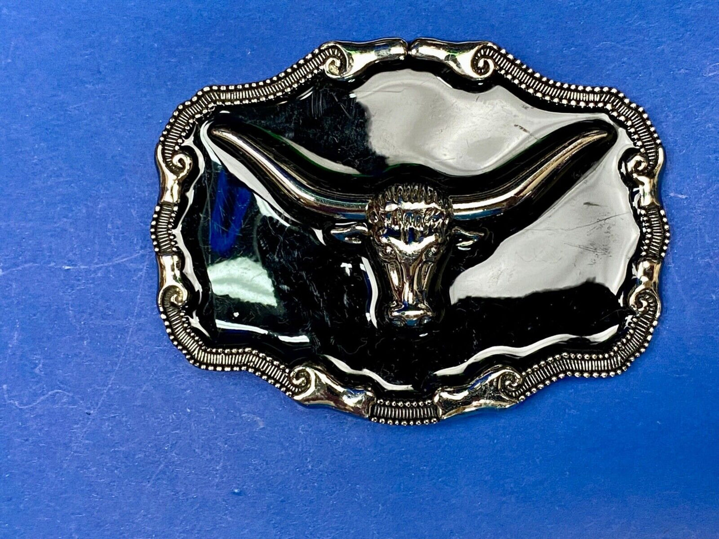 Black And Silver Color Texas Longhorn Bull Steer Western Framed Belt Buckle