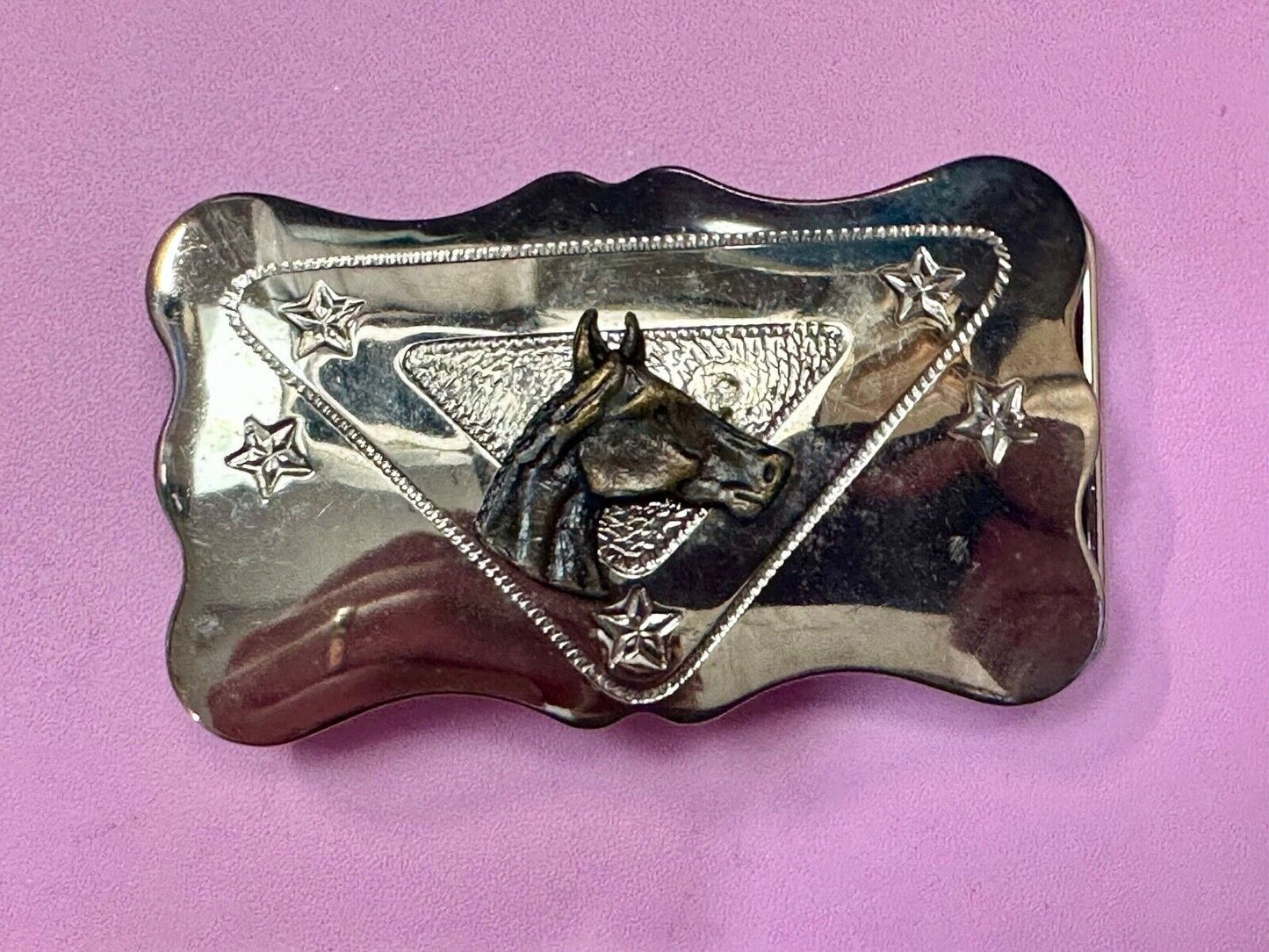 Vintage Chambers Horse head on reflective engraved USA made western Belt Buckle
