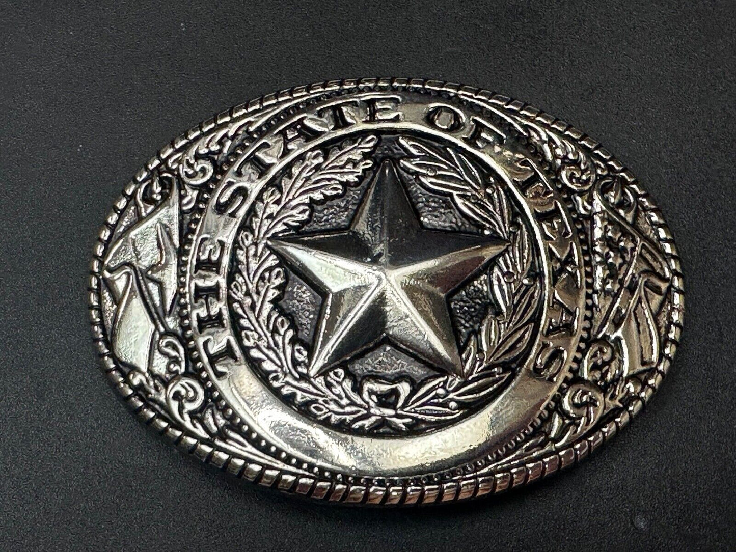 The Great State of TEXAS Star Flag Olive Branch Silver color oval Belt Buckle