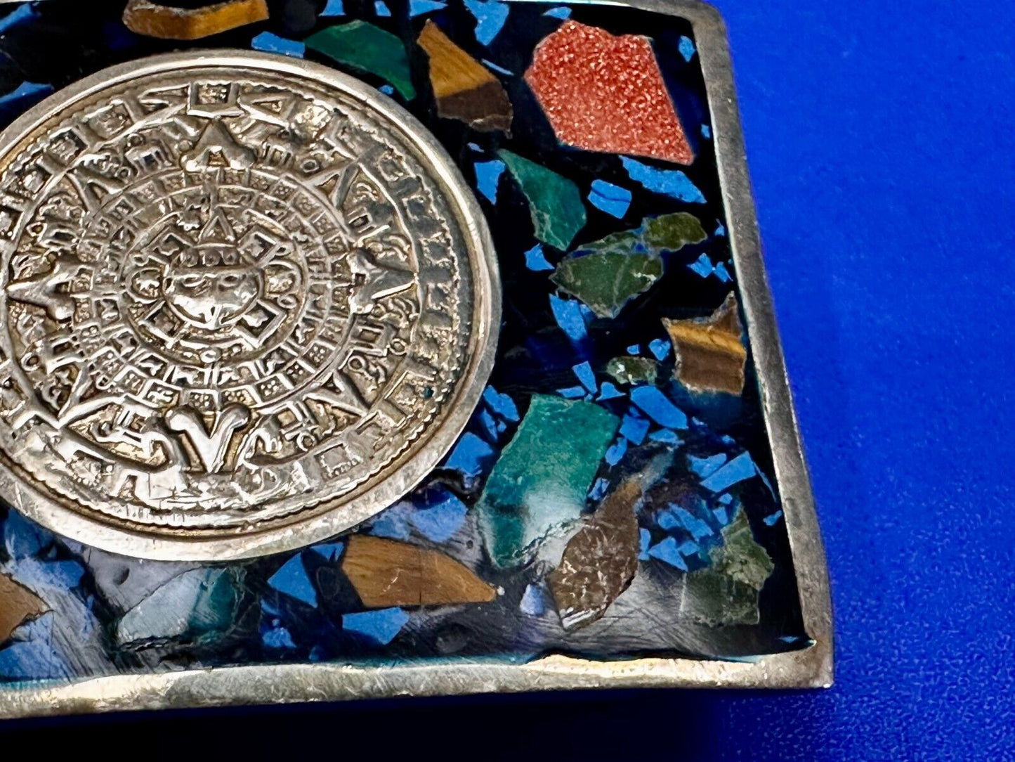 Aztec Mayan Calendar Sun God Face Turquoise Multi Stone Chip Inlay Belt Buckle