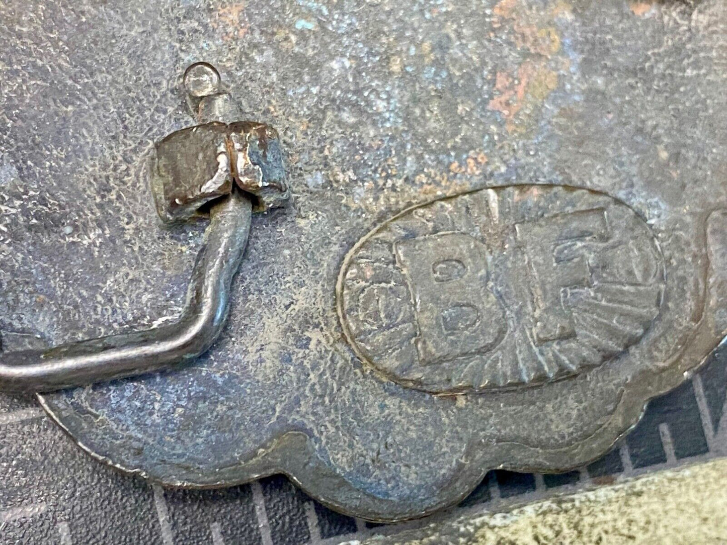 Vintage Antique? Black Flower belt buckle marked BF. - missing stones