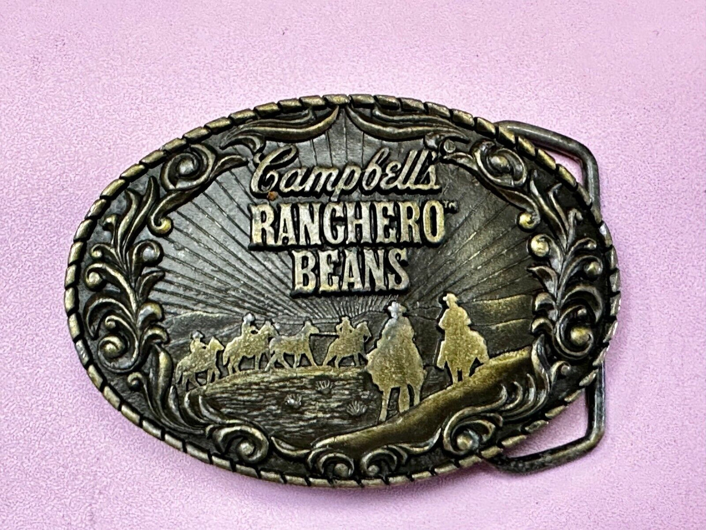 Vintage Campbells Soup Ranchero Beans Western Cowboy Chuck Wagon Belt Buckle